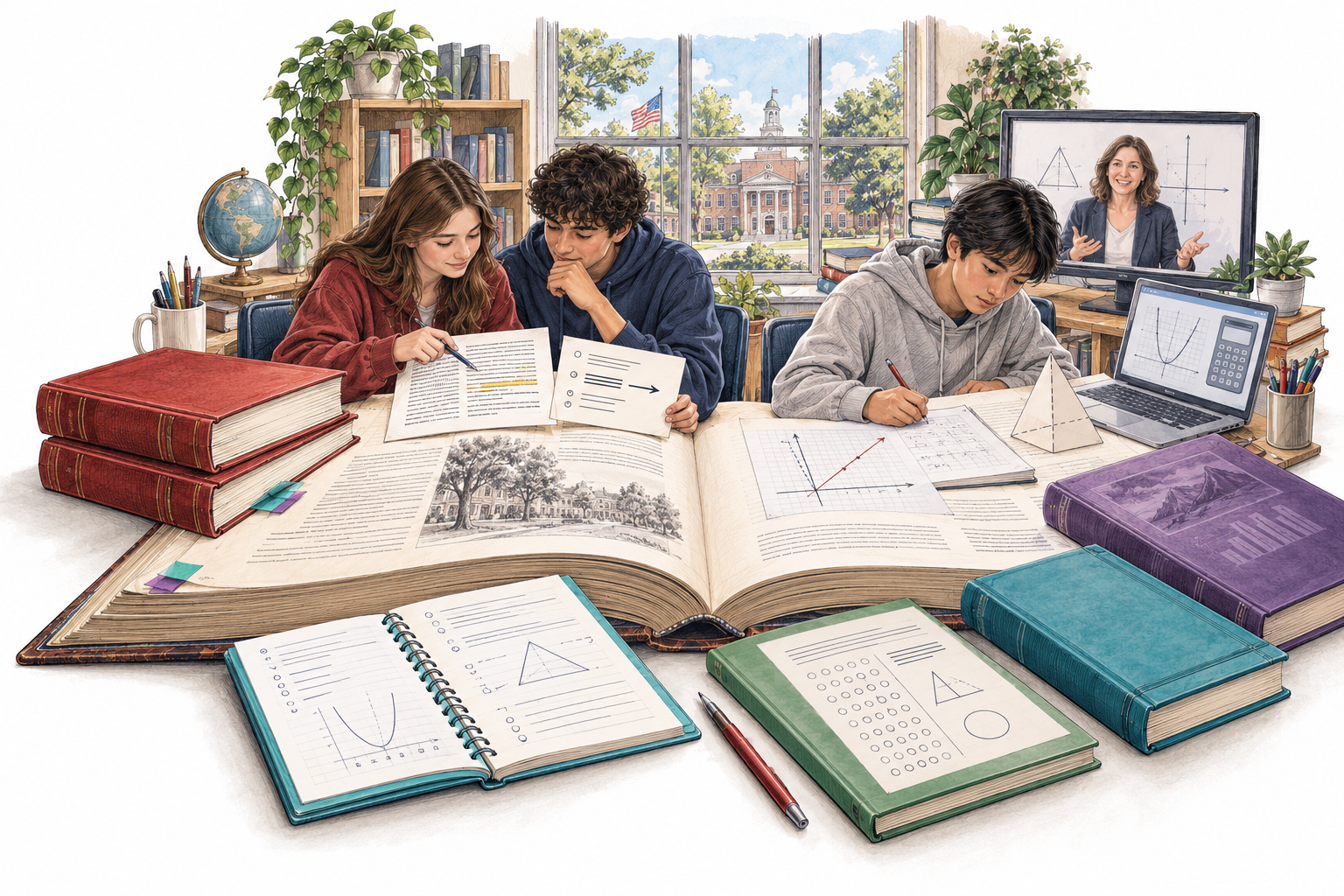 Students connect SAT reading evidence and mathematical reasoning with an online teacher, active notebooks, practice and homework.