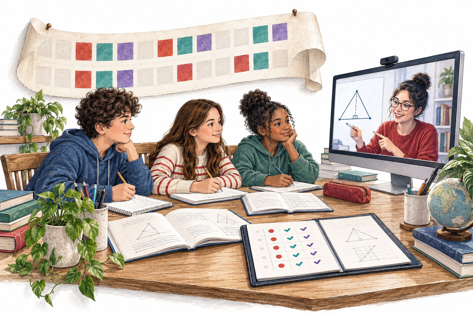 Three students work with a live online tutor, alongside a recurring session calendar and a record of practice.