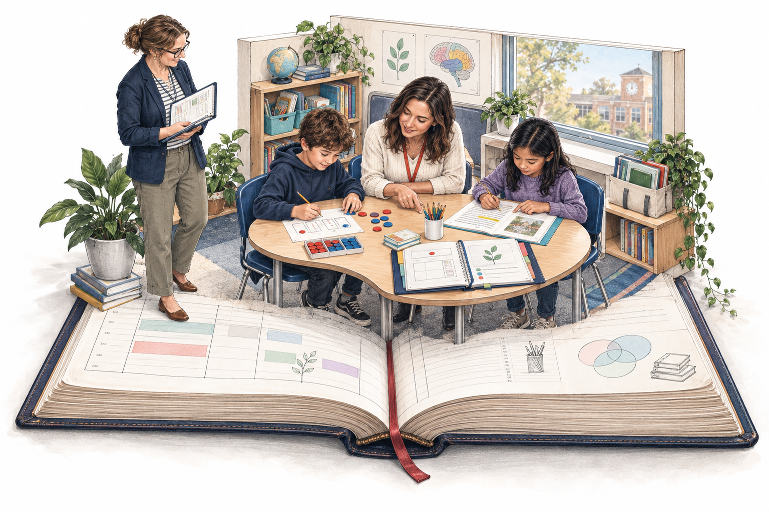 An interventionist works through a learning task with students while a school colleague reviews their learning plan.