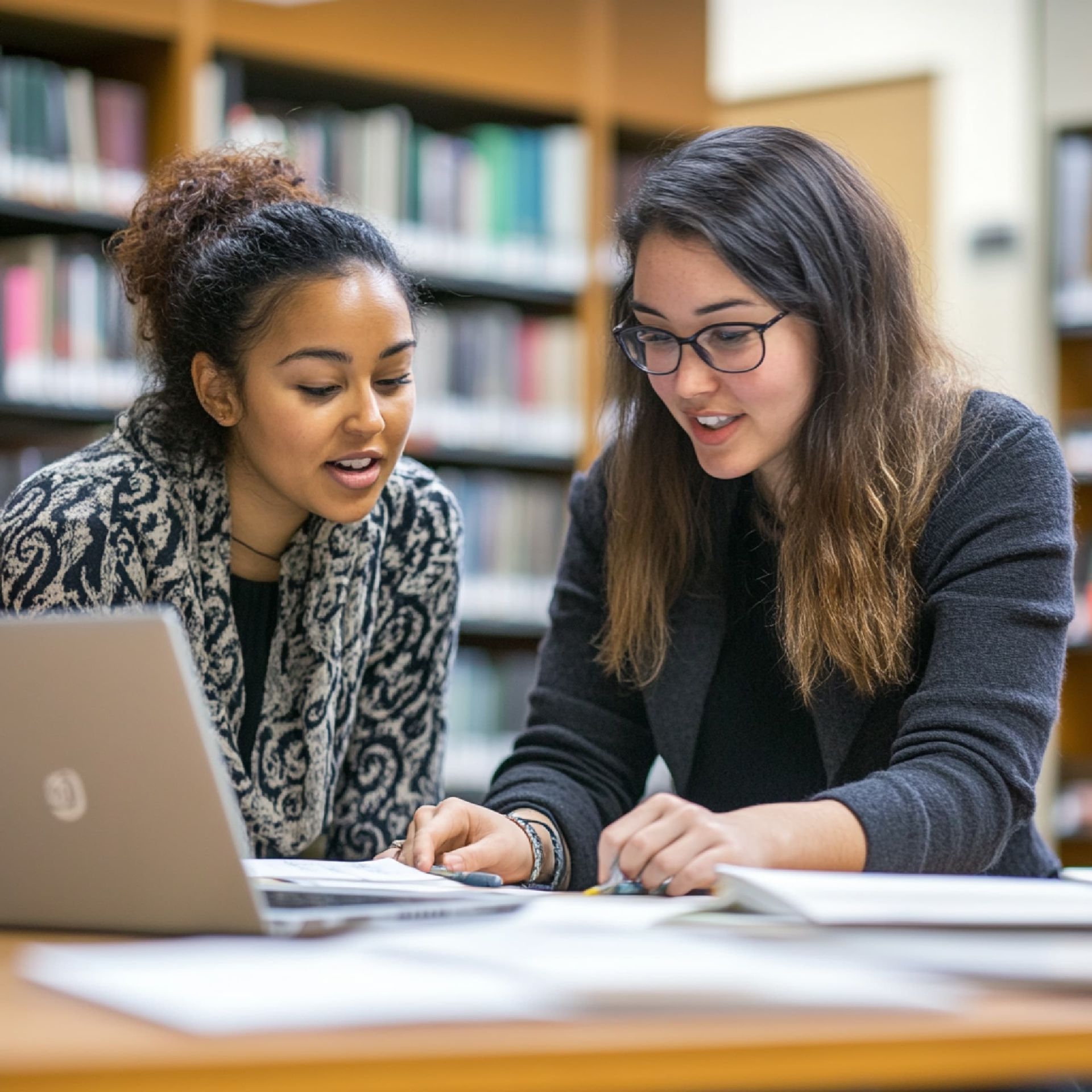 Two people sit together in a library, looking at documents on a desk while working collaboratively on a laptop. Bookshelves are visible in the background.