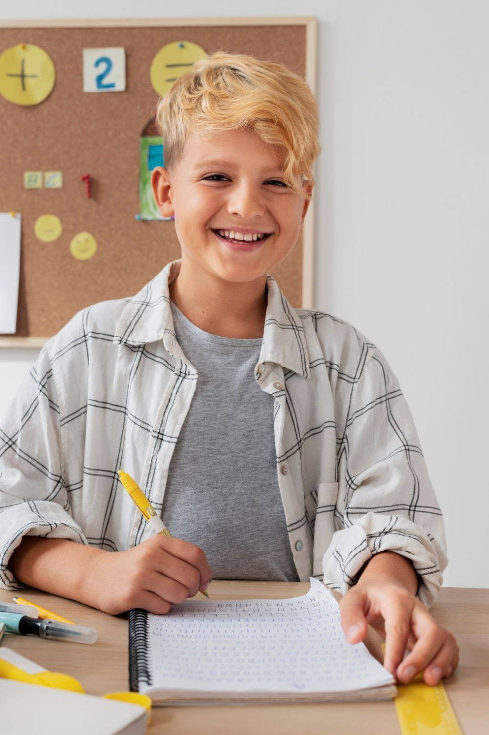 Smiling school-age child holding a pencil while writing in a notebook at a desk, with a classroom board in the background.
