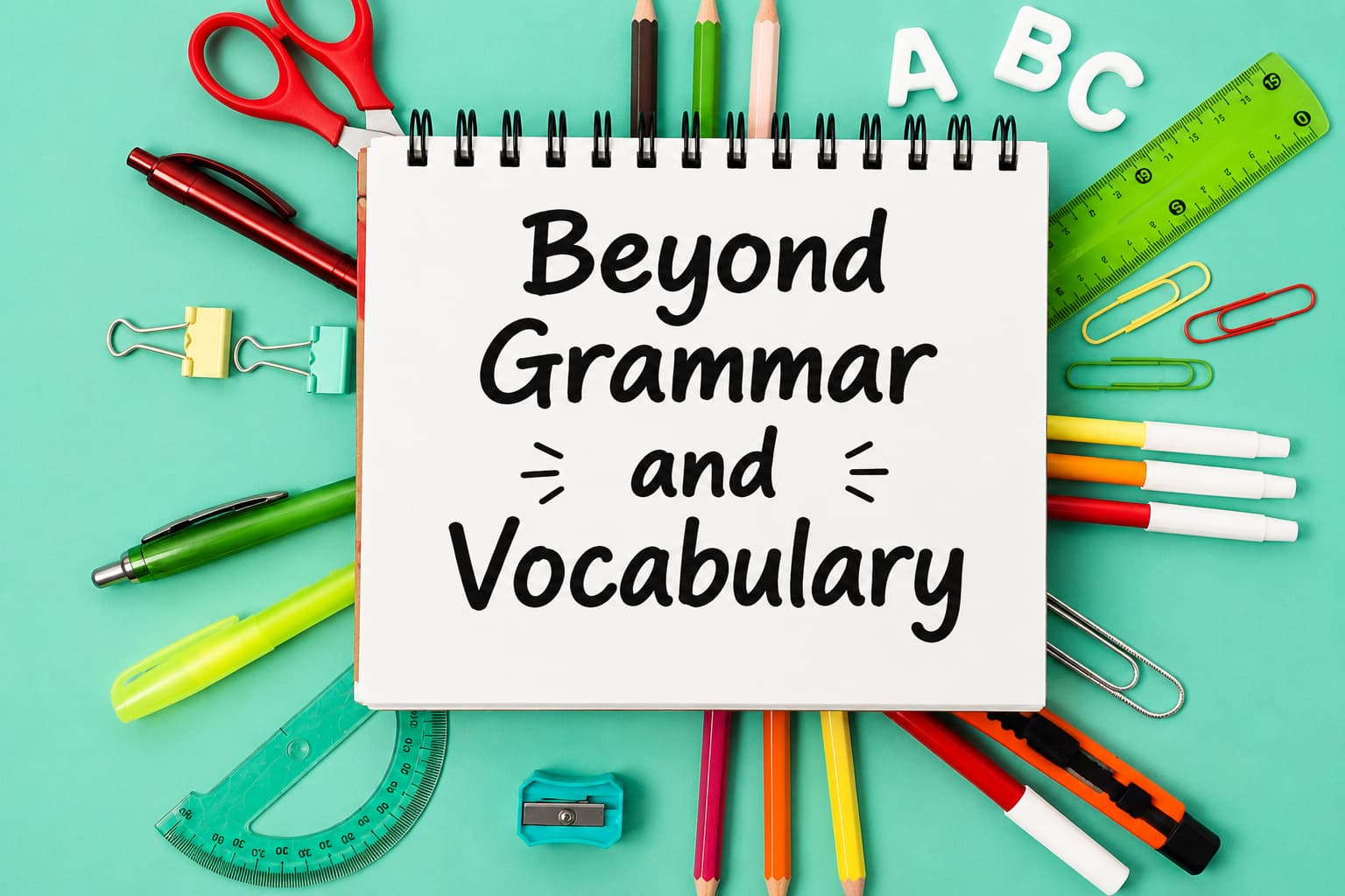 Spiral notebook with “Grammar vs Vocabulary” surrounded by colourful stationery on turquoise background