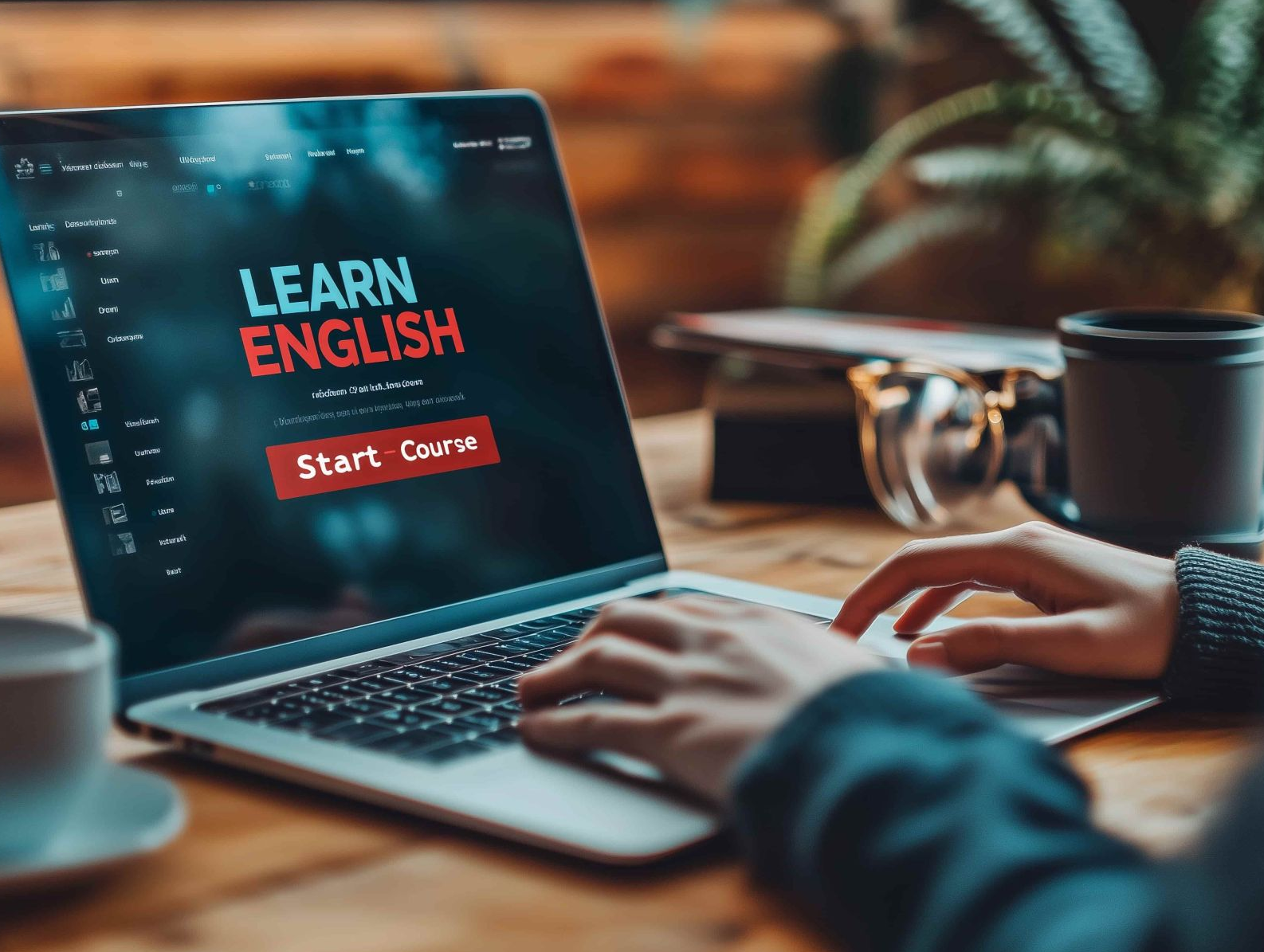 Person using laptop with “Learn English” course page on screen, cozy indoor workspace with warm lighting, coffee cups and eyeglasses on wooden table