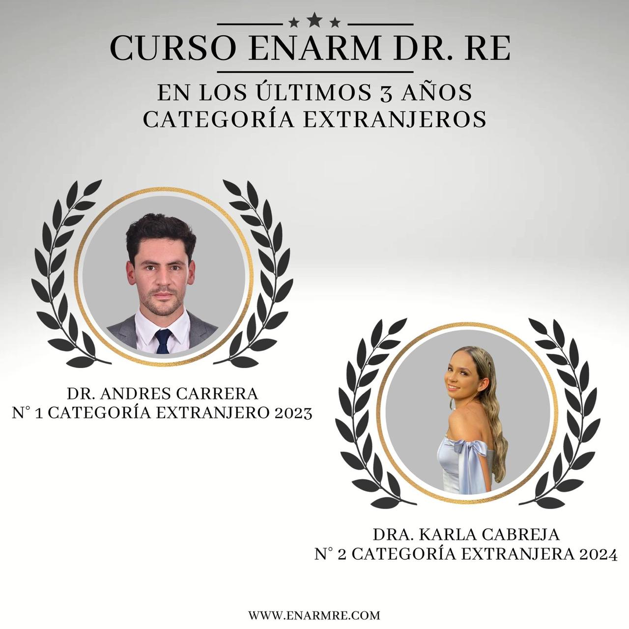 Curso ENARM Dr. Re en los últimos 3 años, categoría extranjeros: Dr. Andrés Carrera, N° 1 categoría extranjero 2023. Dra. Karla Cabreja, N° 2 categoría extranjera 2024.