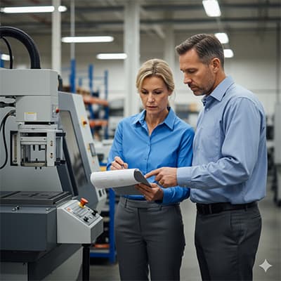 Two professionals in blue shirts review documents beside industrial machinery in a well-lit manufacturing facility, focusing on work-related tasks.