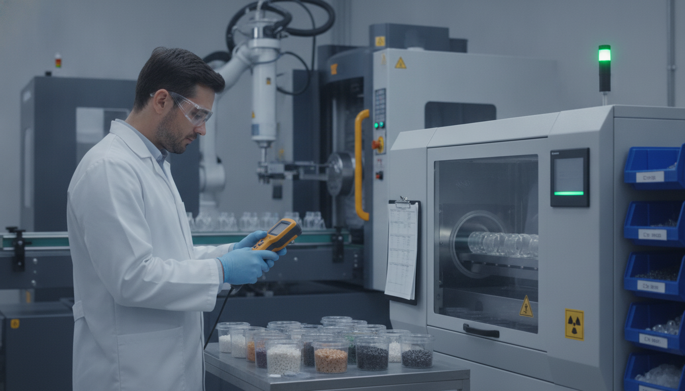16:9 injection molding facility scene featuring XRF raw material testing and X-ray inspection for finished parts.