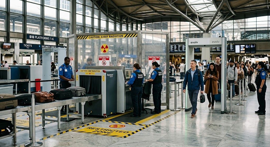 airport security screening scene featuring a cabinet X-ray conveyor and a portal radiation monitor