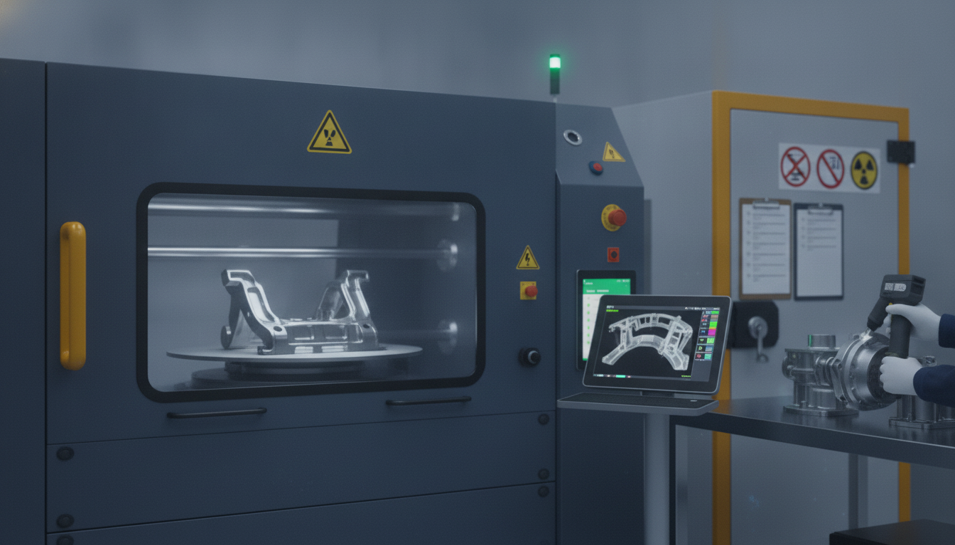 automotive quality inspection bay featuring industrial X-ray/CT NDT equipment and a handheld XRF material analyzer.