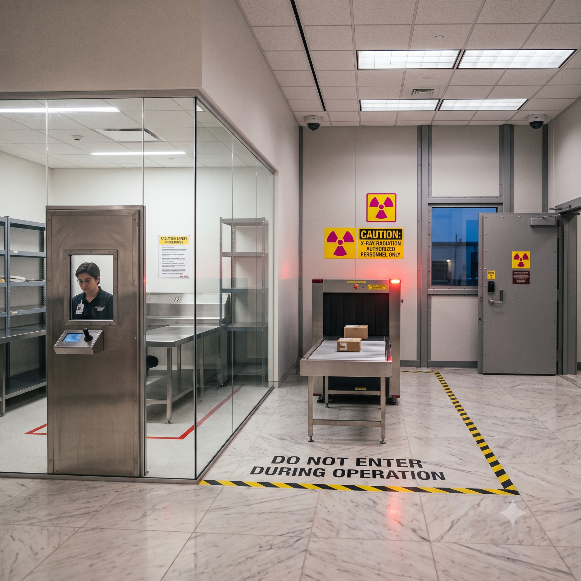 corporate headquarters security screening scene with a single cabinet X-ray checkpoint