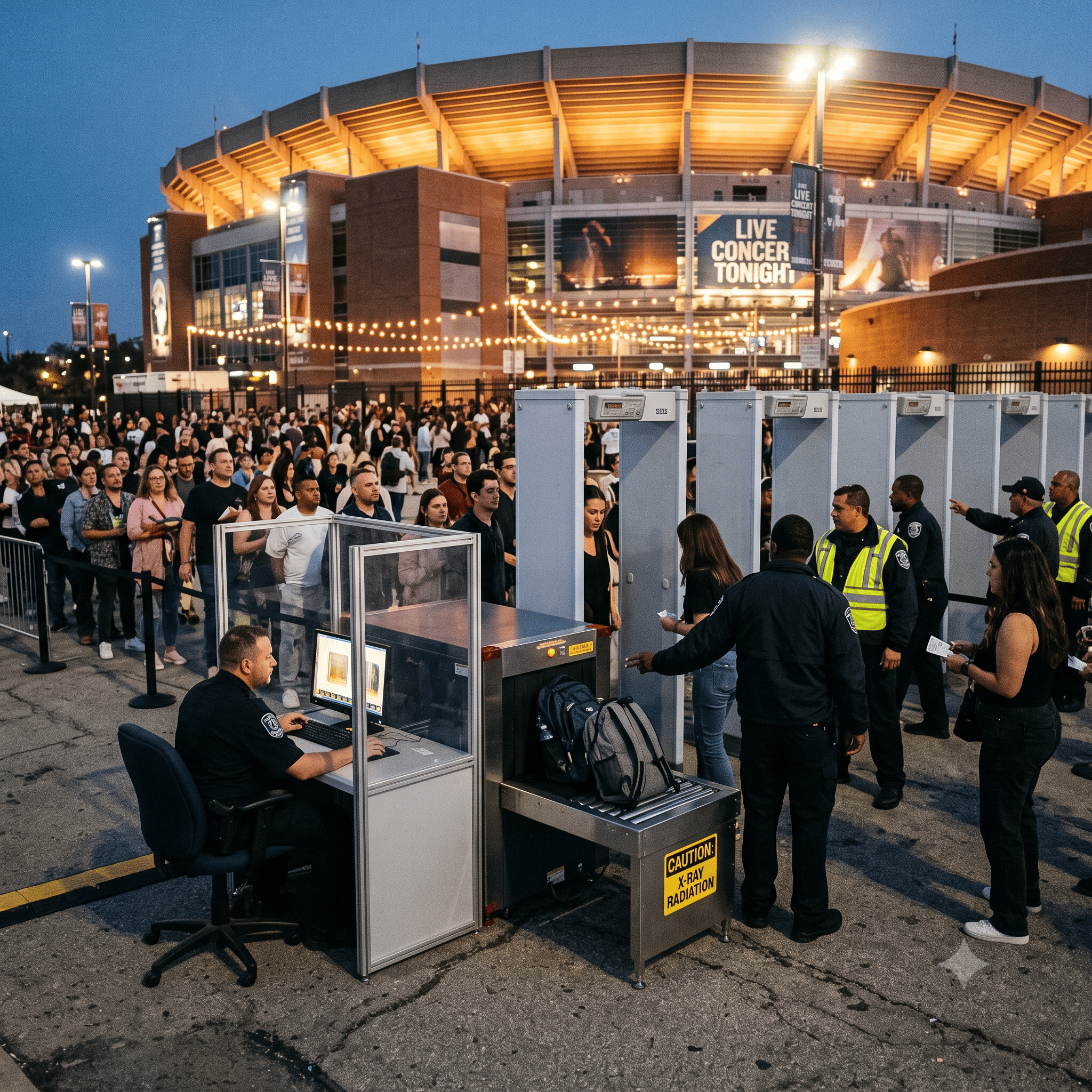 stadium/arena event security screening checkpoint with X-ray scanning, a walk-through detector, and a handheld wand