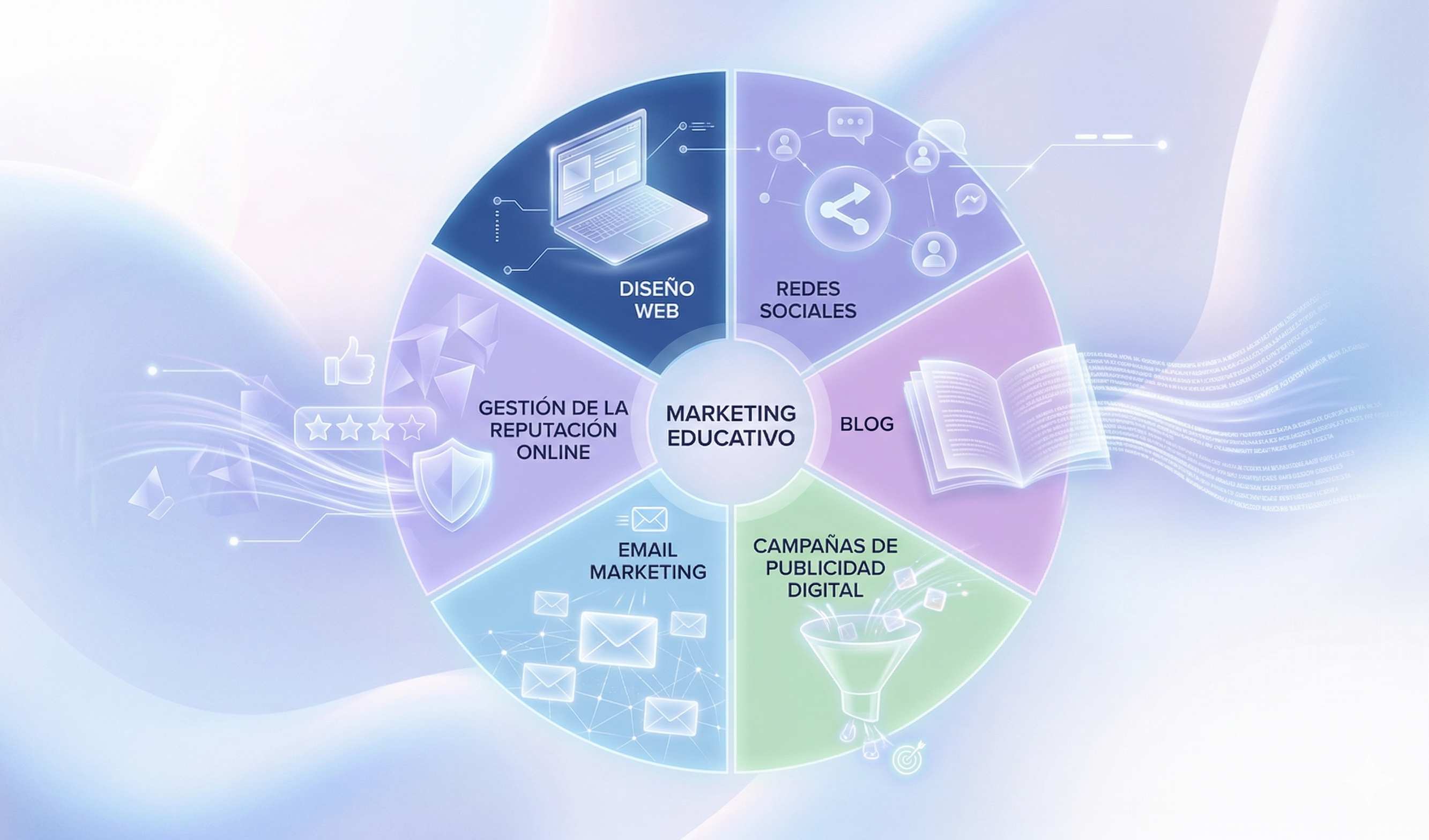 Gráfico explicativo sobre qué es el marketing educativo. Muestra un ecosistema digital de captación y fidelización de alumnos compuesto por seis áreas estratégicas: web, redes, contenidos, publicidad, email y reputación online, con iconos modernos en tonos azules y violetas.