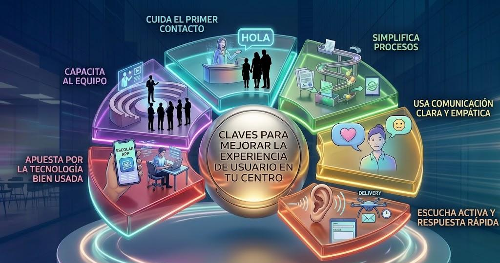 Infografía 3D sobre qué es la experiencia de usuario en un centro educativo, con 6 claves para optimizar procesos, comunicación, tecnología y atención a las familias en un entorno escolar moderno.