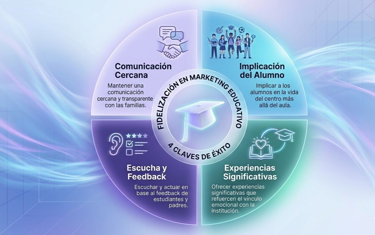 Gráfico circular sobre fidelizacion vs retencion en el sector educativo, que muestra las 4 claves del éxito: comunicación transparente, implicación del alumno, experiencias significativas y escucha activa. El diseño sigue una estética futurista en tonos azules y violetas con un birrete central, ideal para ilustrar estrategias de marketing educativo.