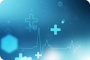 Digital health symbols with heartbeat line on blue background.
