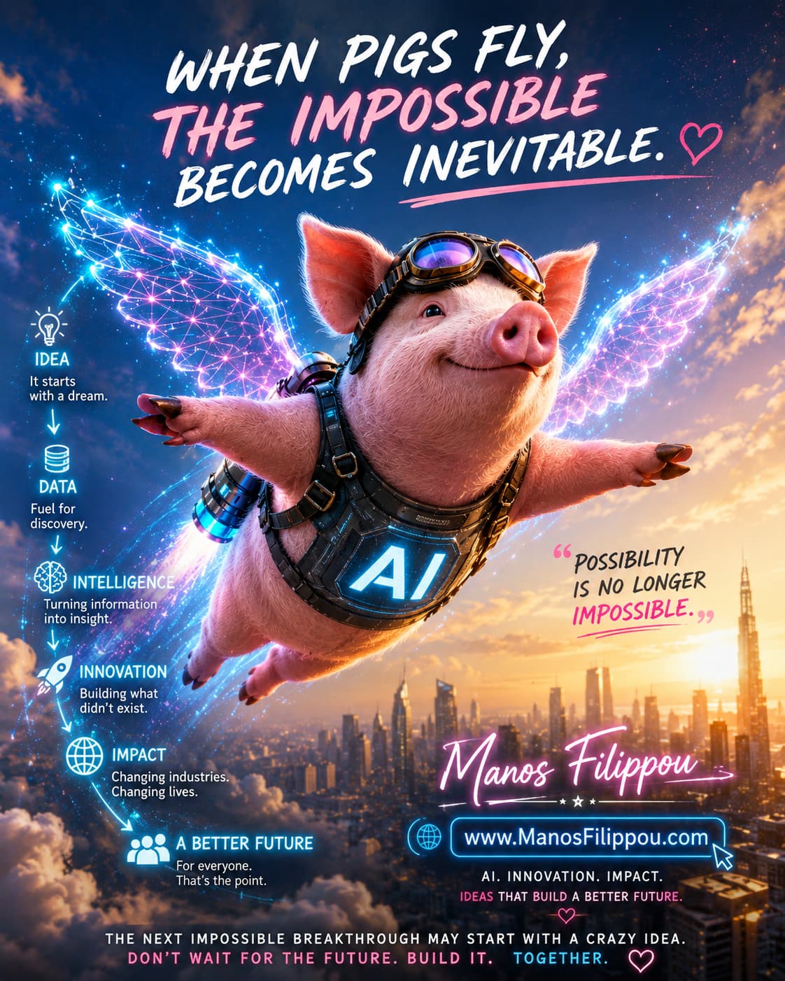 AI-powered flying pig above a futuristic city representing innovation, Elon Musk's trillionaire milestone, and the future of artificial intelligence.