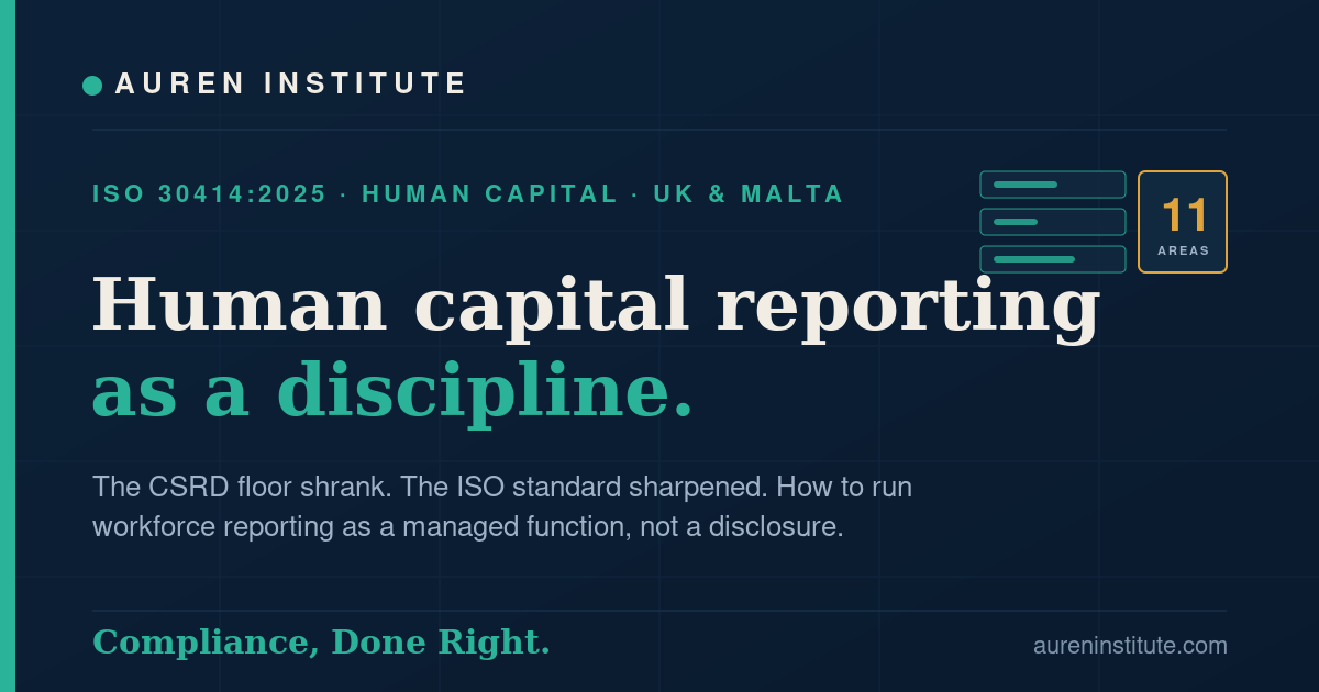 Navy and gold Auren Institute card on running human capital reporting as a management discipline under ISO 30414:2025.