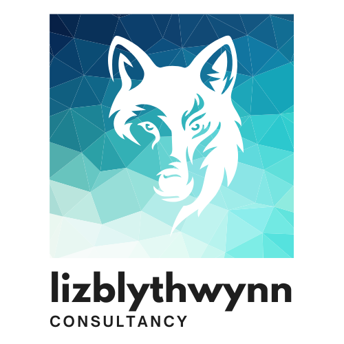 Liz Blythwynn Consultancy logo - white wolf's head