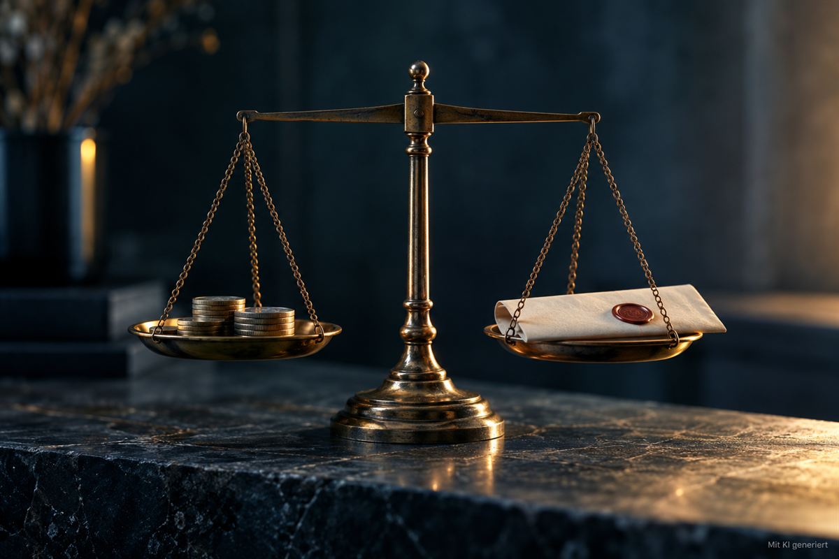 Balkenwaage als Sinnbild fuer kalkulierbare Haftung im vCISO-Mandat