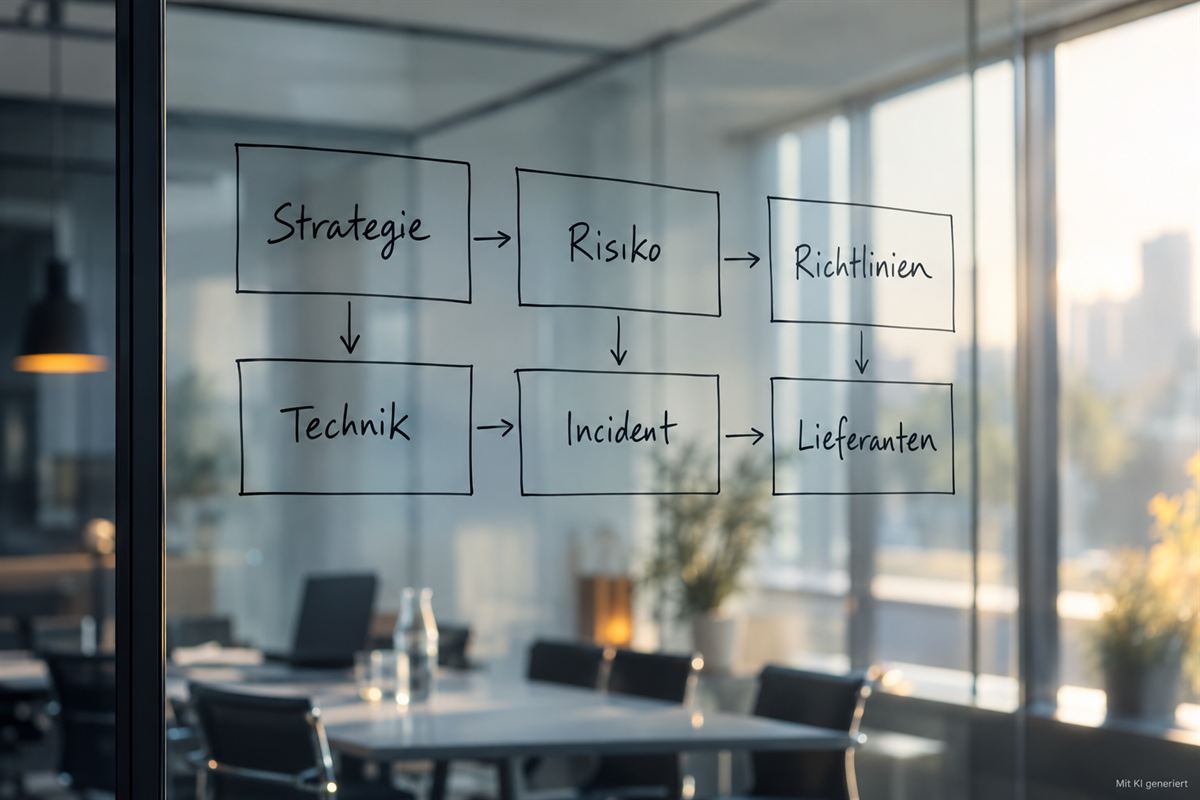 Sechs Handlungsfelder: Strategie, Risiko, Richtlinien, Technik, Incident, Lieferanten