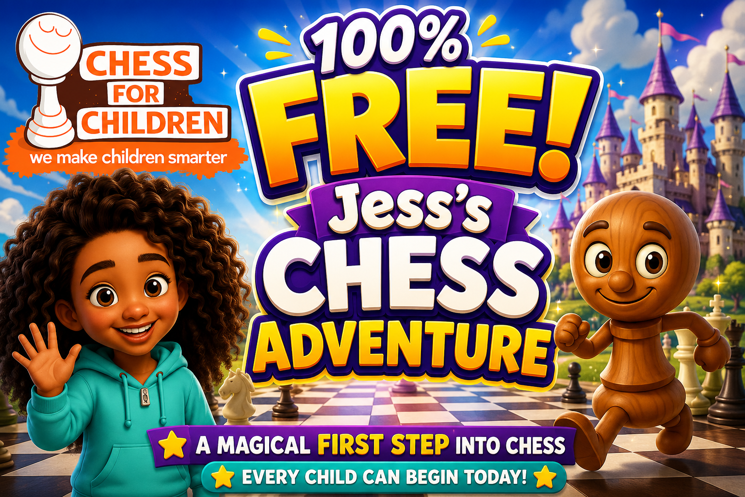 Jess and the Chessboard Kingdom characters inviting children to a free chess adventure