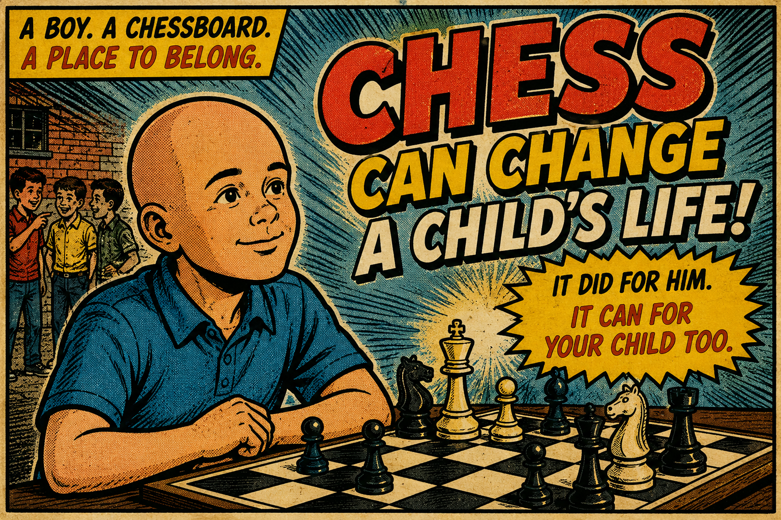 Boy with a medical condition gains confidence, friendship, and belonging through chess in a vintage comic book illustration.