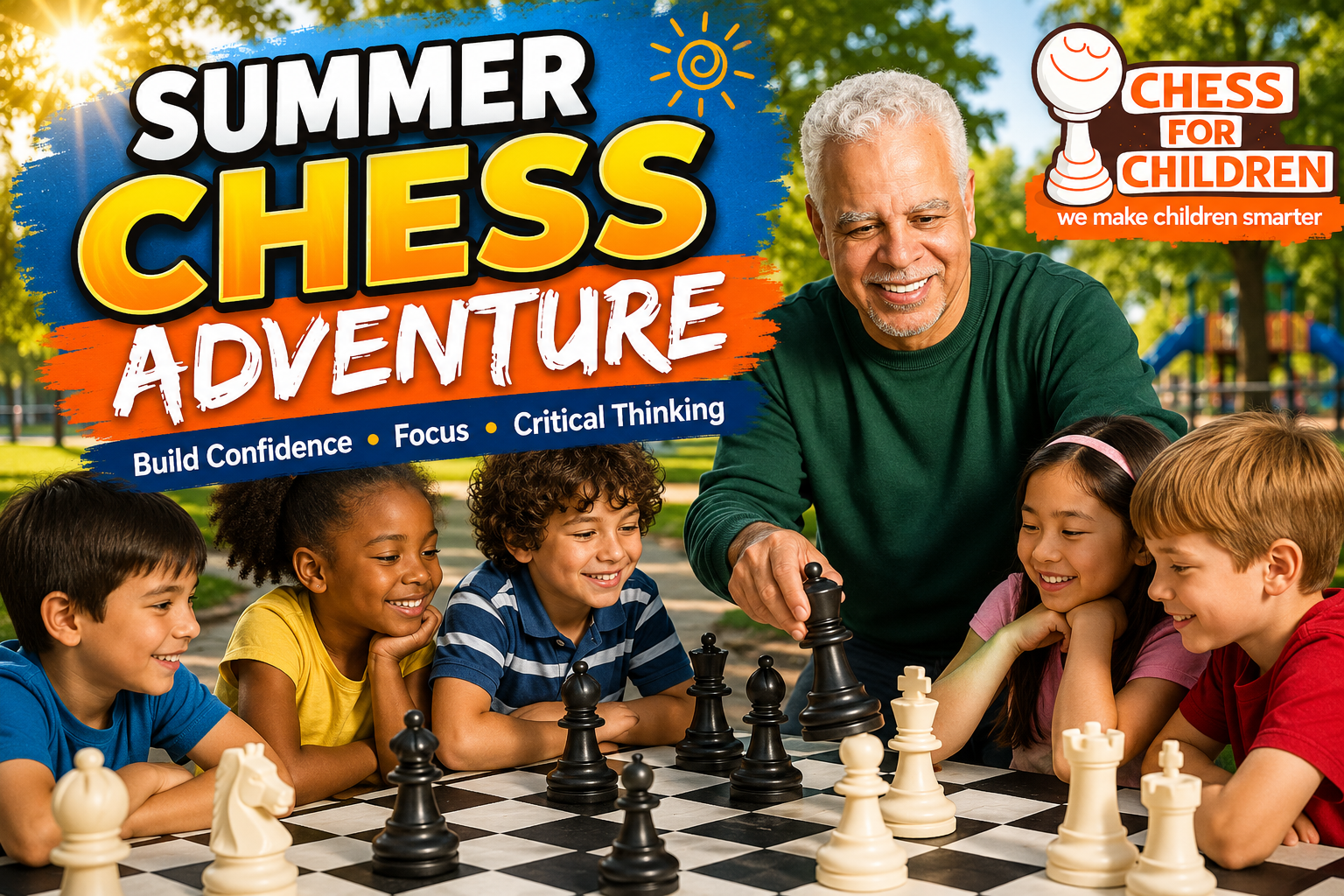 "Summer chess lessons for kids with National Master Ernest Colding and Chess for Children, teaching strategy, focus, confidence, and critical thinking."