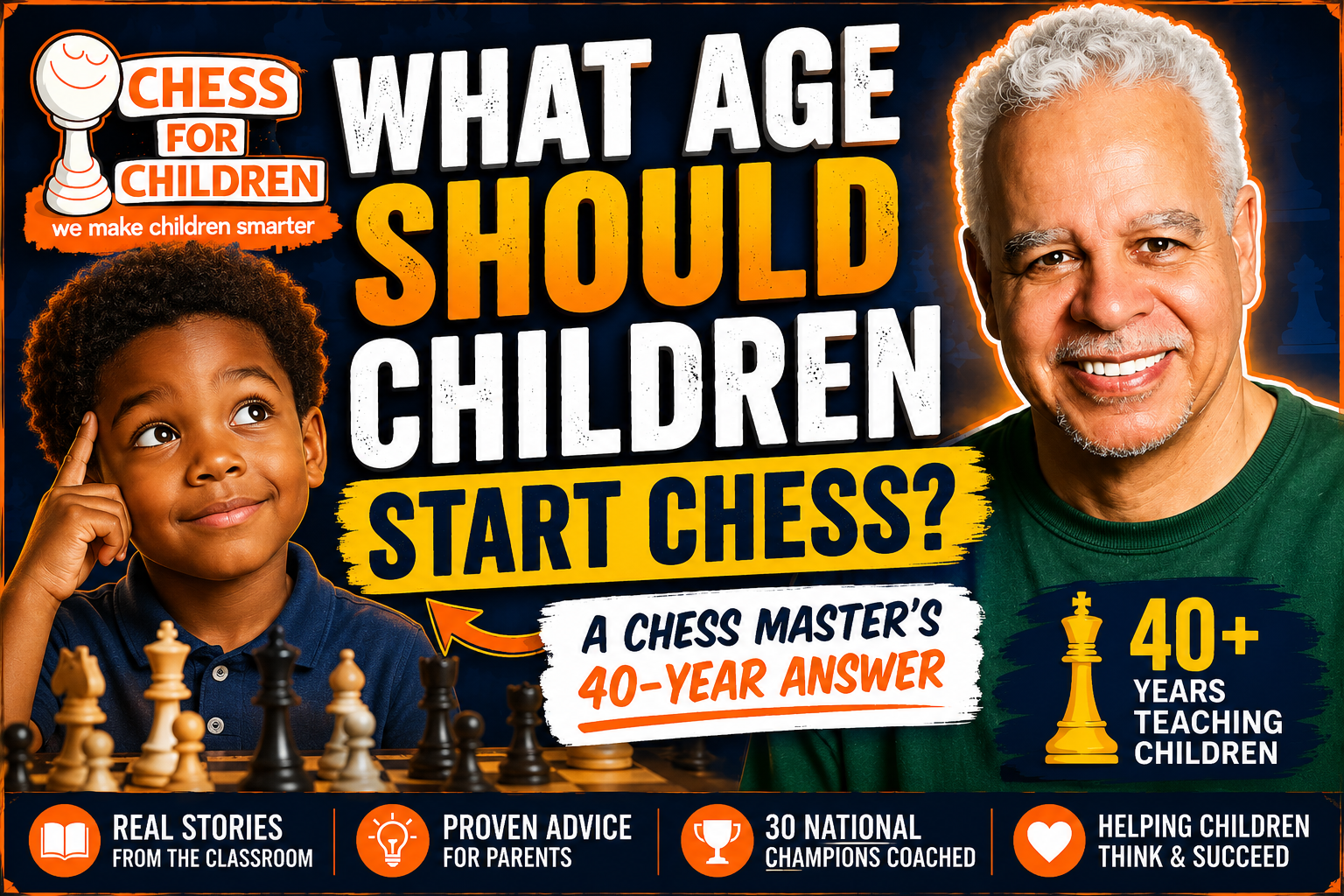 What age should children start chess? National Master Ernest Colding with young African American chess student learning chess at the board.