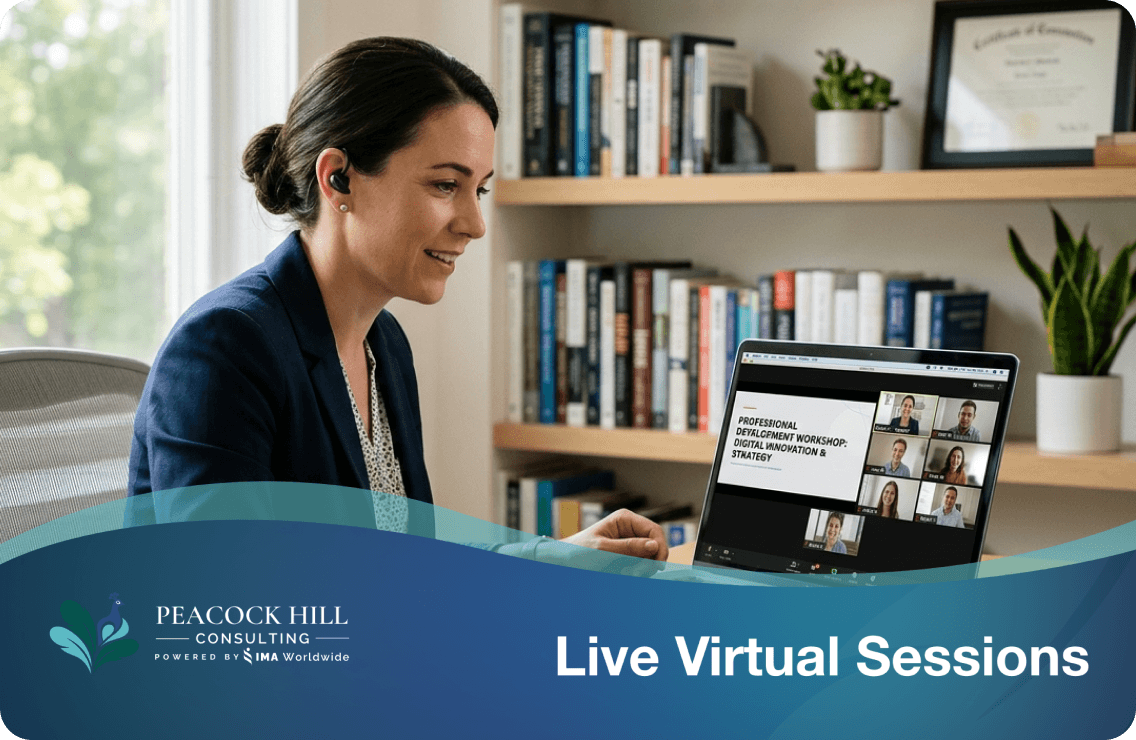 Professional participating in a Peacock Hill Consulting live virtual session from a home office
