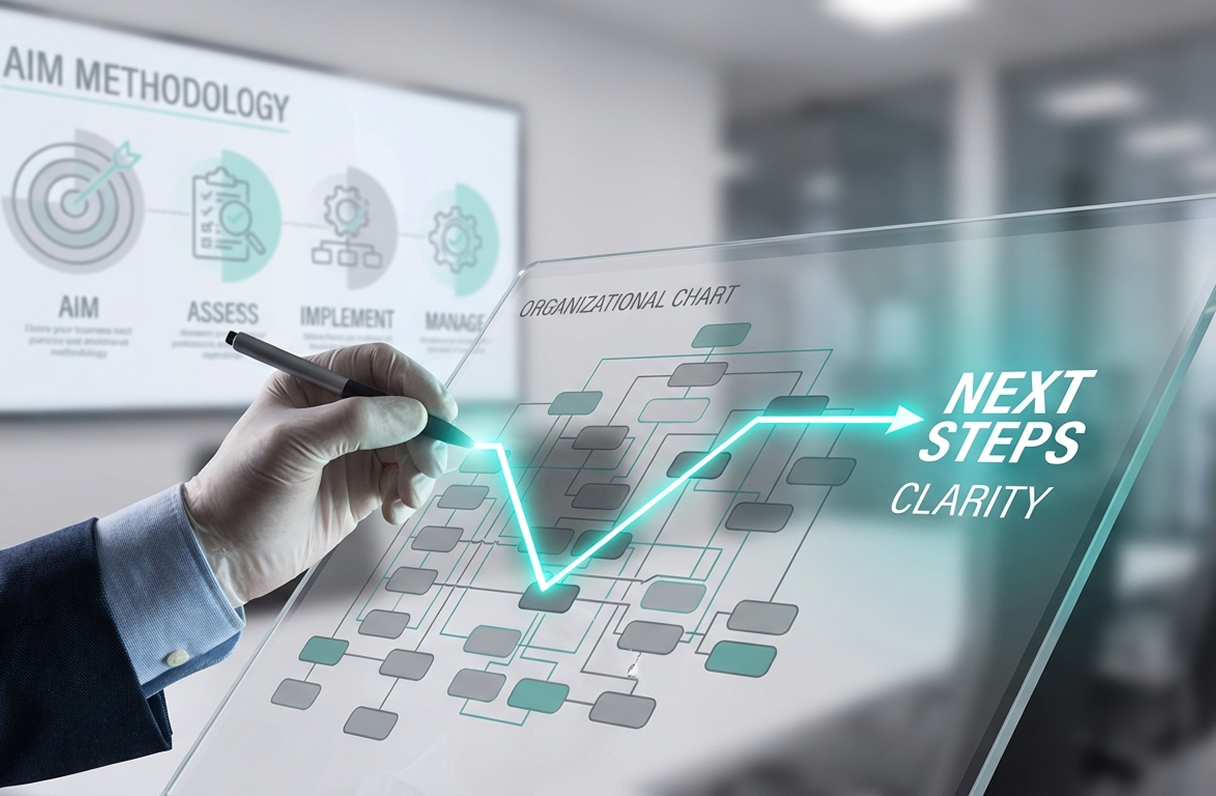 Professional mapping out next steps and clarity on an AIM Methodology implementation flowchart