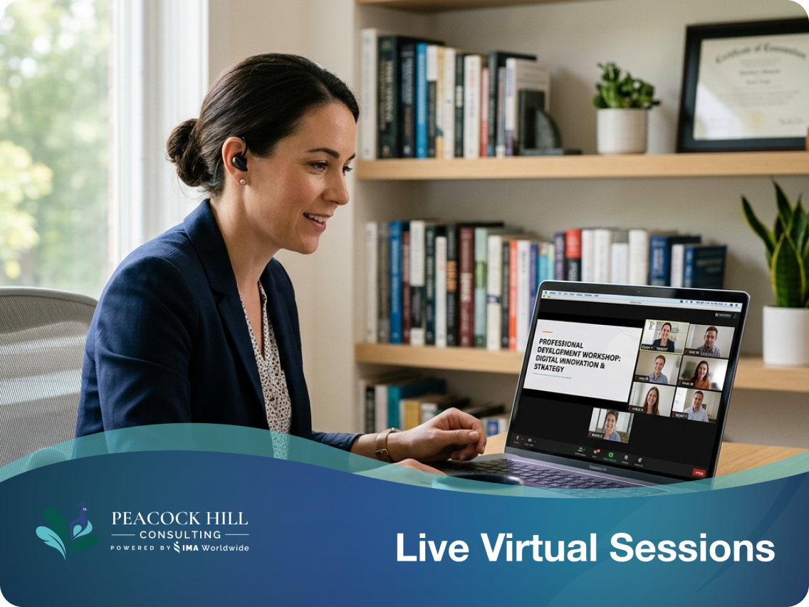 Professional participating in a Peacock Hill Consulting live virtual session from a home office