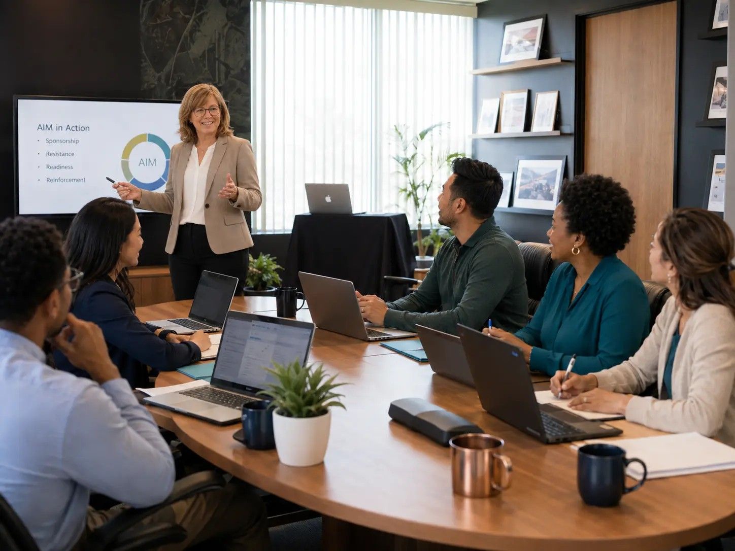 An instructor leads an AIM in Action session while practitioners work on laptops around the table.