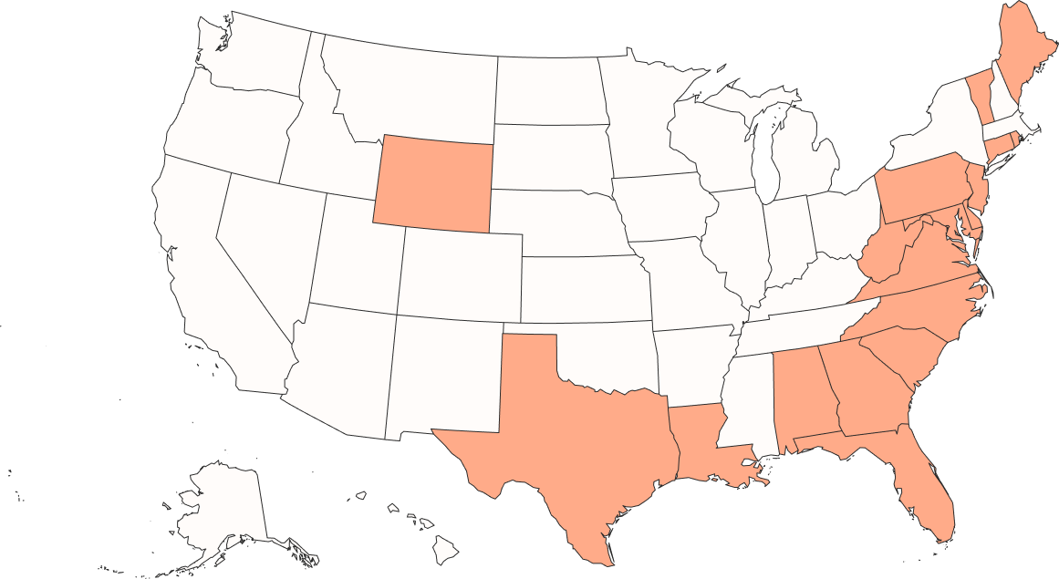 Map of united states with approved states highlighted in orange