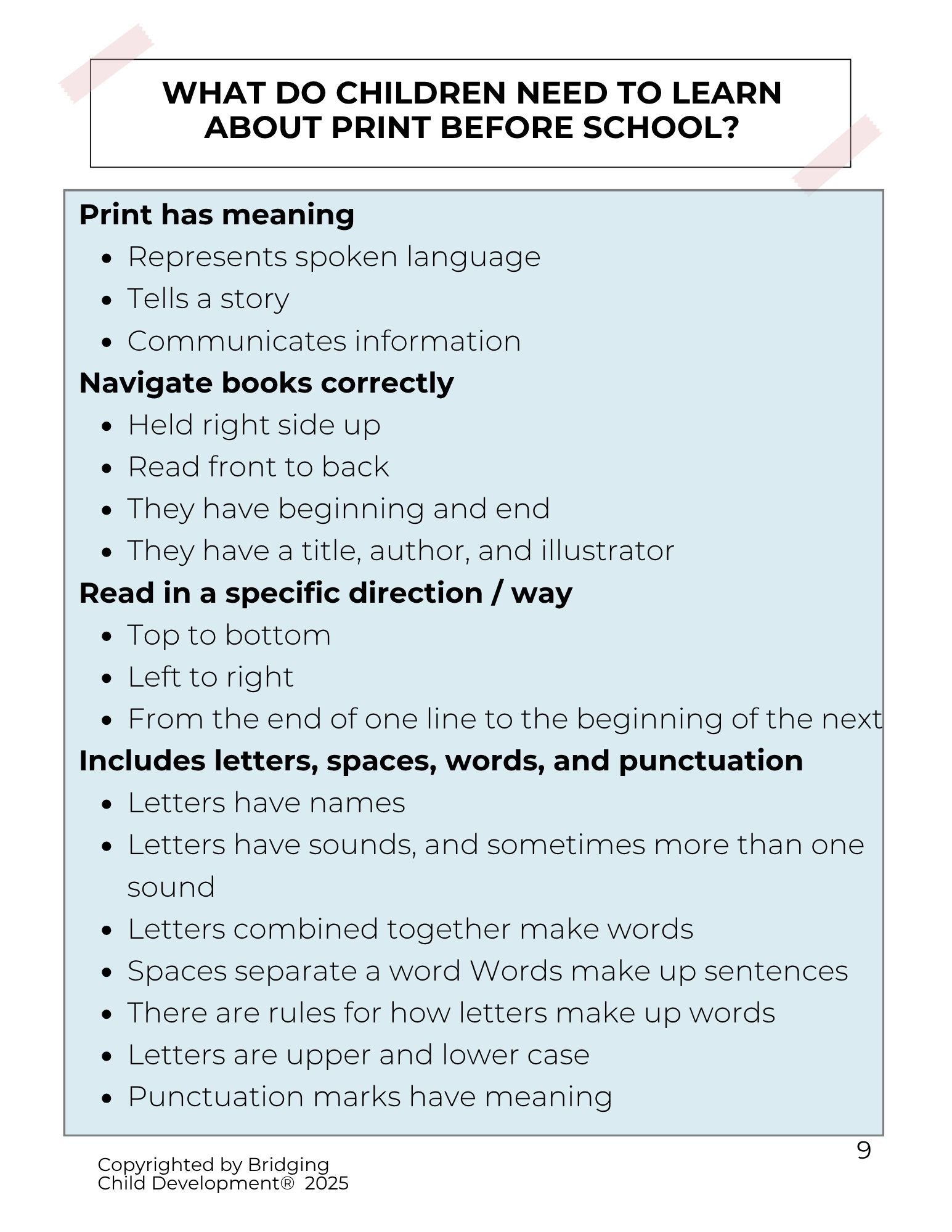 comprehensive list of what preschoolers need to learn about print for reading success