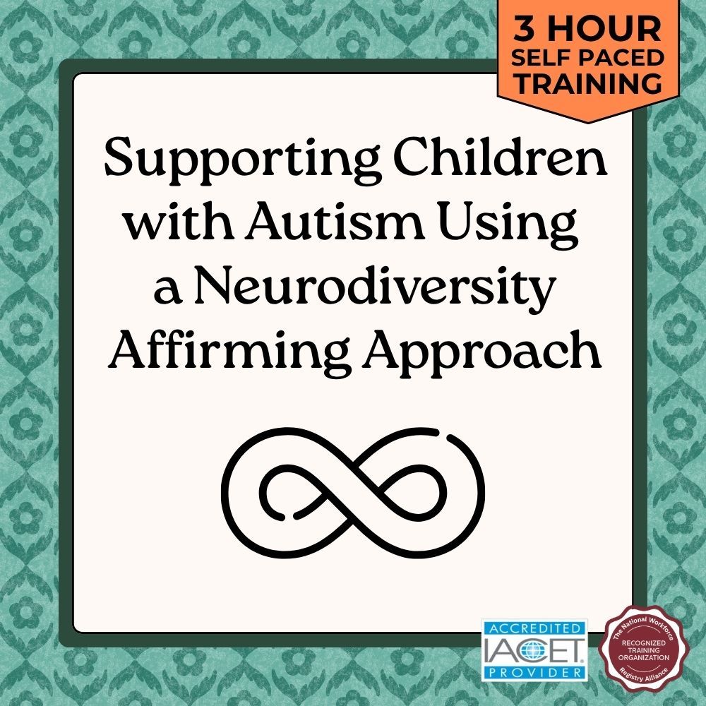 Training card for support children with autism using a neurodiversity affirming approach with an infinity symbol under title