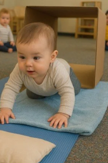 baby crawling through DIY tunnel