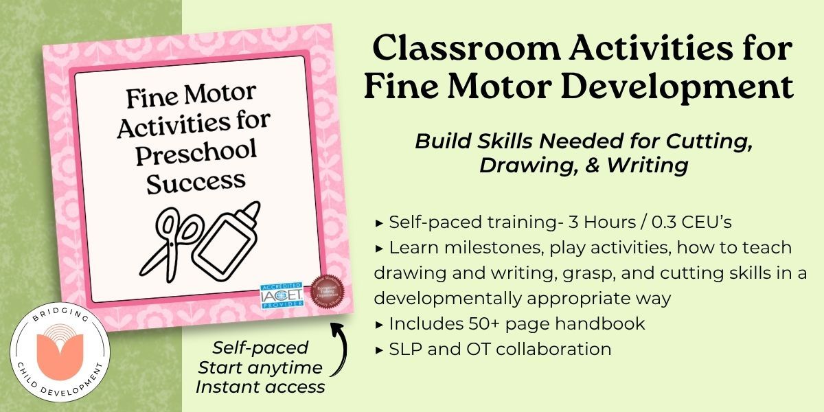 training card with information on fine motor activities for preschool children with button to purchase