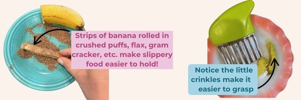 rolling banana in flax and crinkle cutting avocado to reduce food throwing 