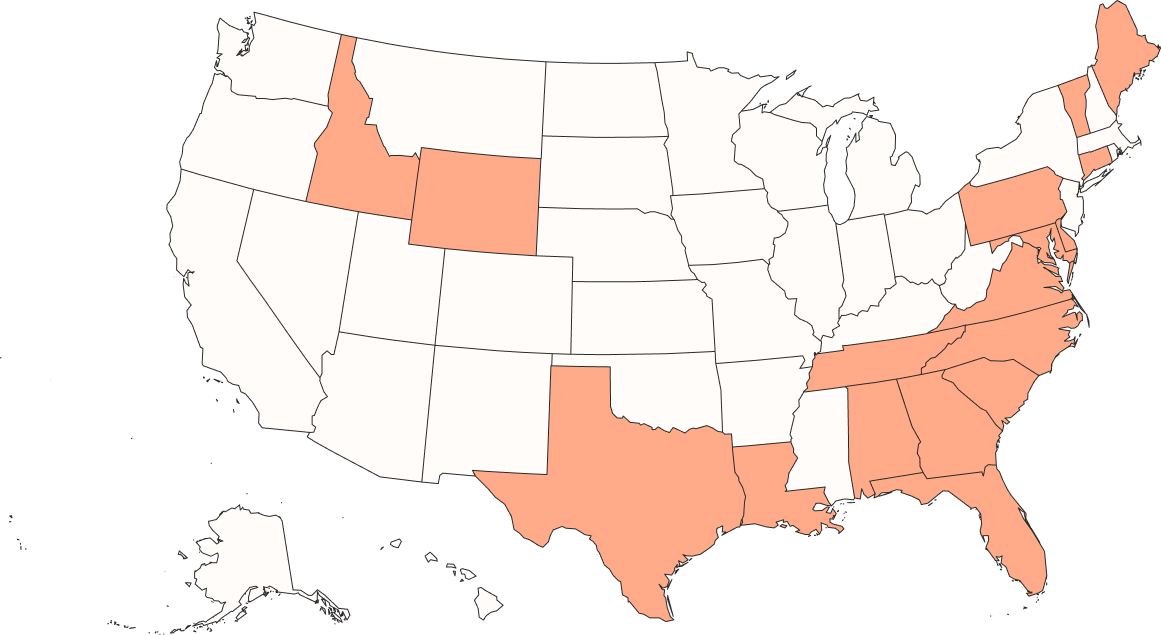 Map of united states with approved states highlighted in orange