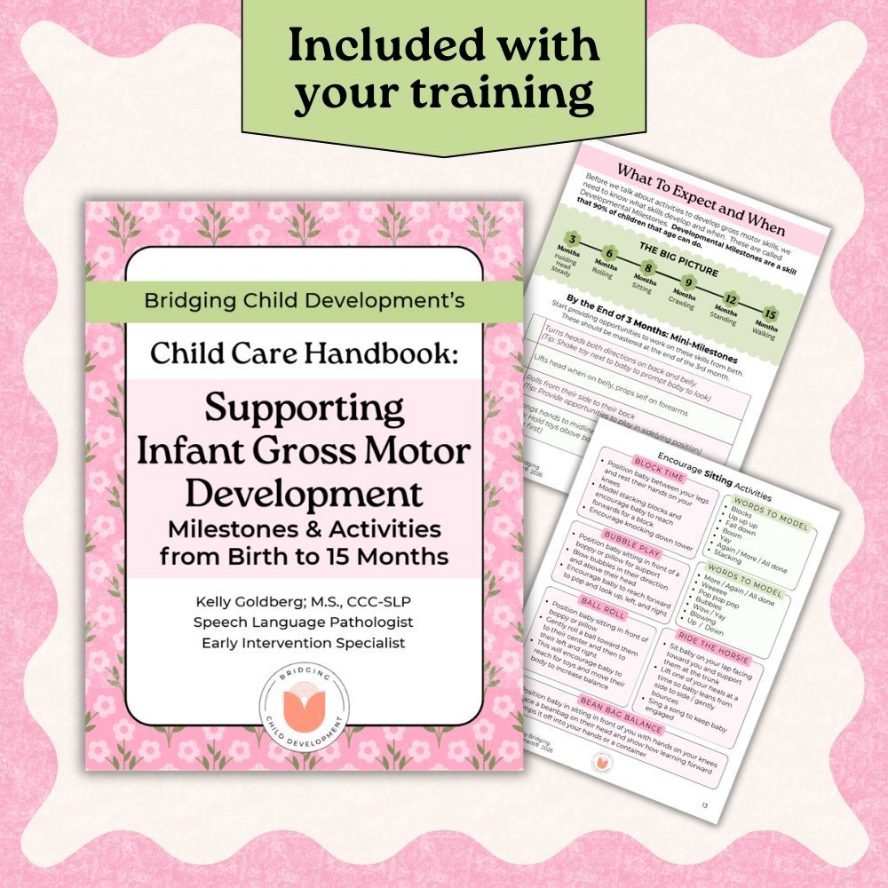 Infant Gross Motor Development: Milestones and Play Ideas training handbook displayed on a tablet