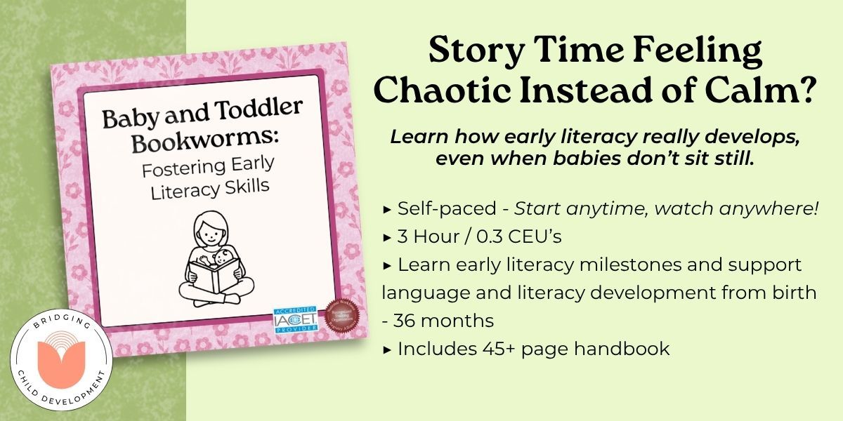 training card for baby and toddler teacher literacy training. with training description and purchase button.