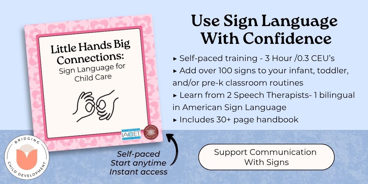 training card explaining what is included in sign language training for child care providers with purchase button. 