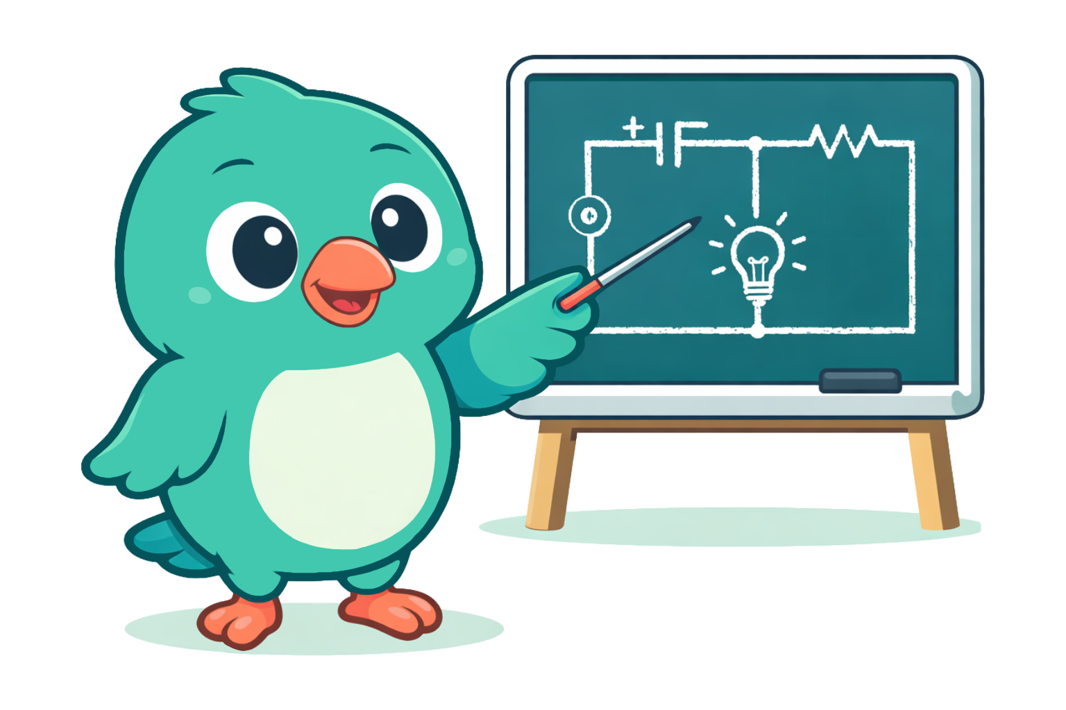 Birb mascot pointing to a chalkboard