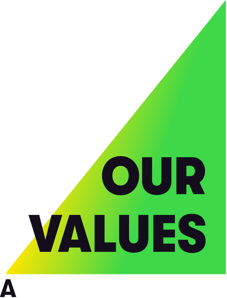 Green beam of academity brand logo with the words Our Values on top of it