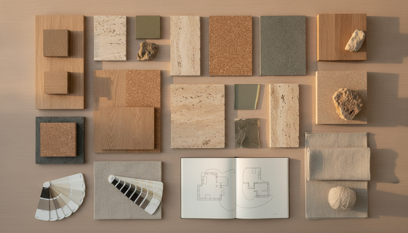 Mesa de trabajo con muestras de materiales, tejidos, madera, piedra y planos