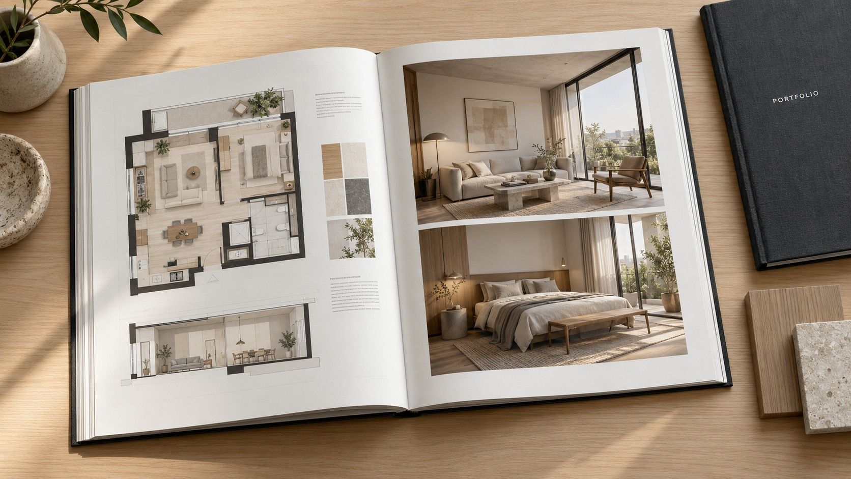 Portfolio de interiorismo abierto sobre una mesa, con una planta, una sección y renders de un proyecto. Ilustración generada con IA.