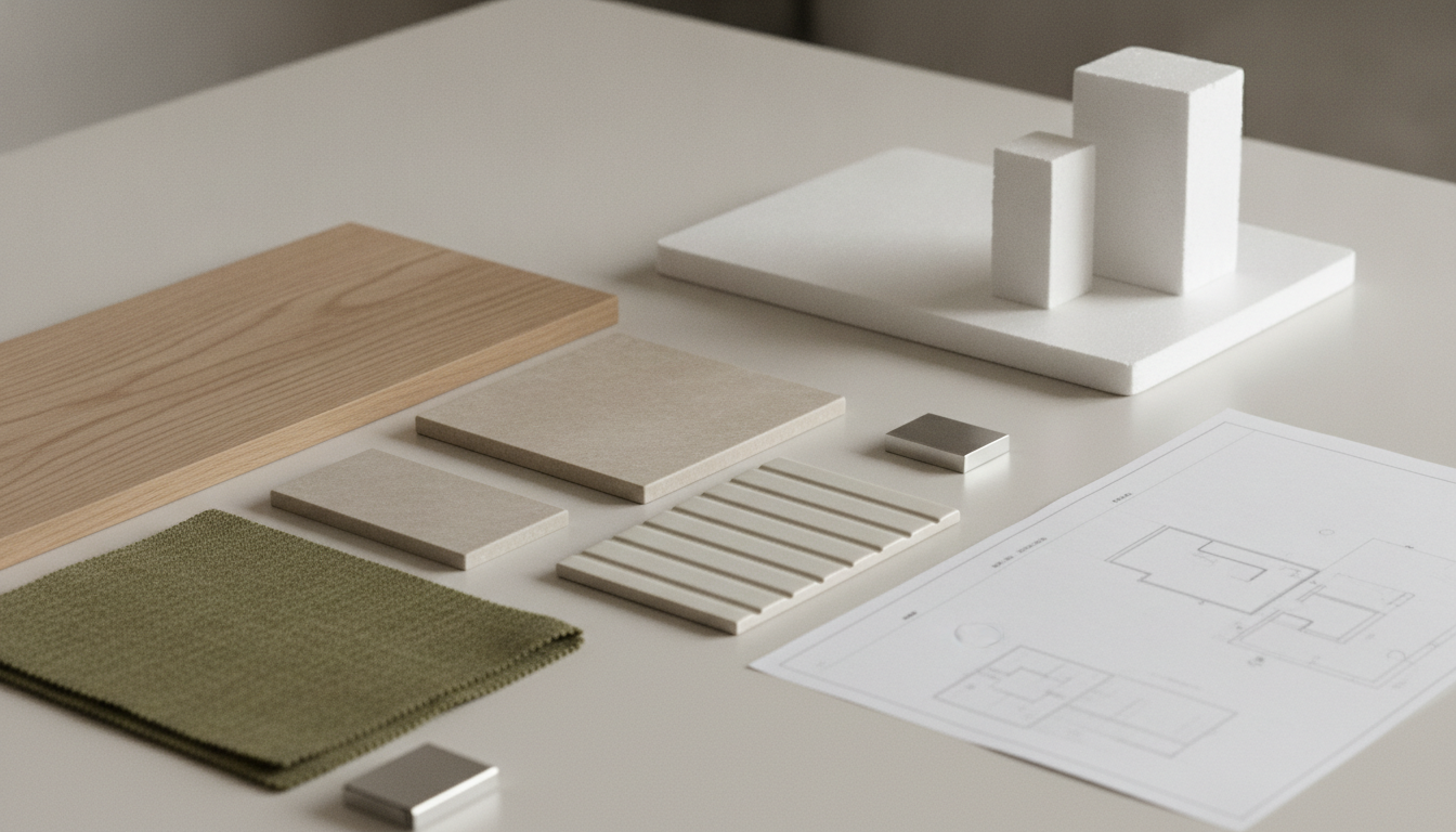 Muestras de madera, piedra, cerámica, tejido y metal para revisar los acabados de un proyecto.