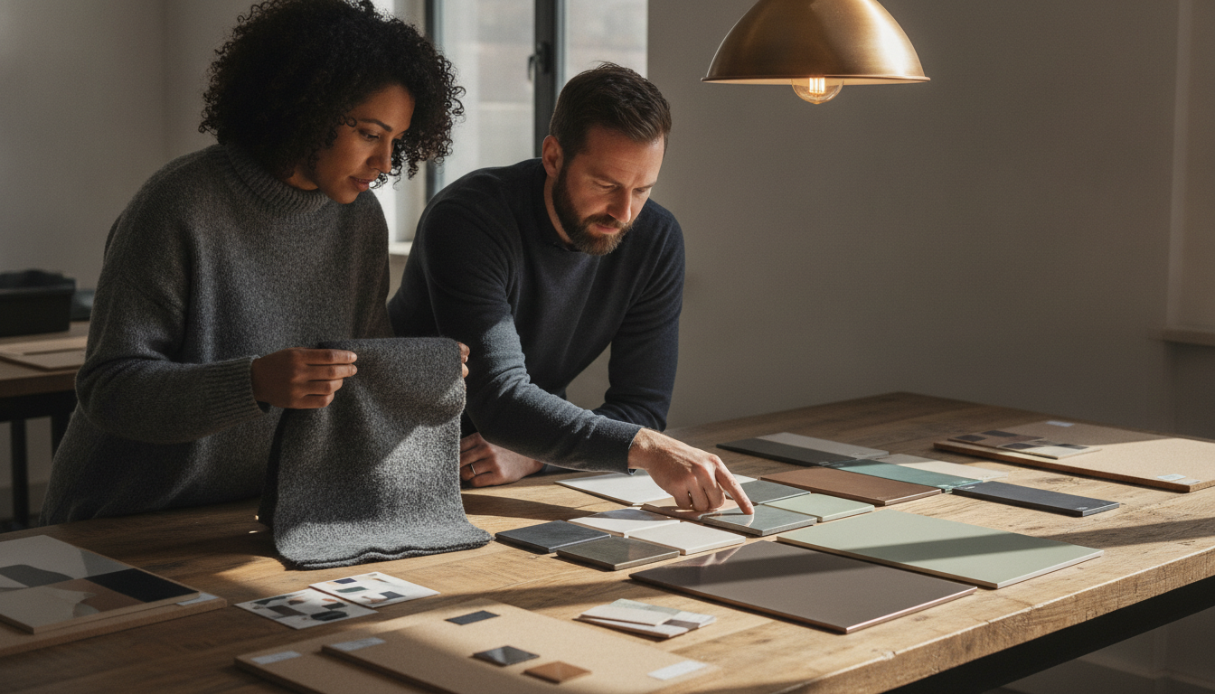 Dos profesionales comparan muestras textiles y acabados bajo una luminaria