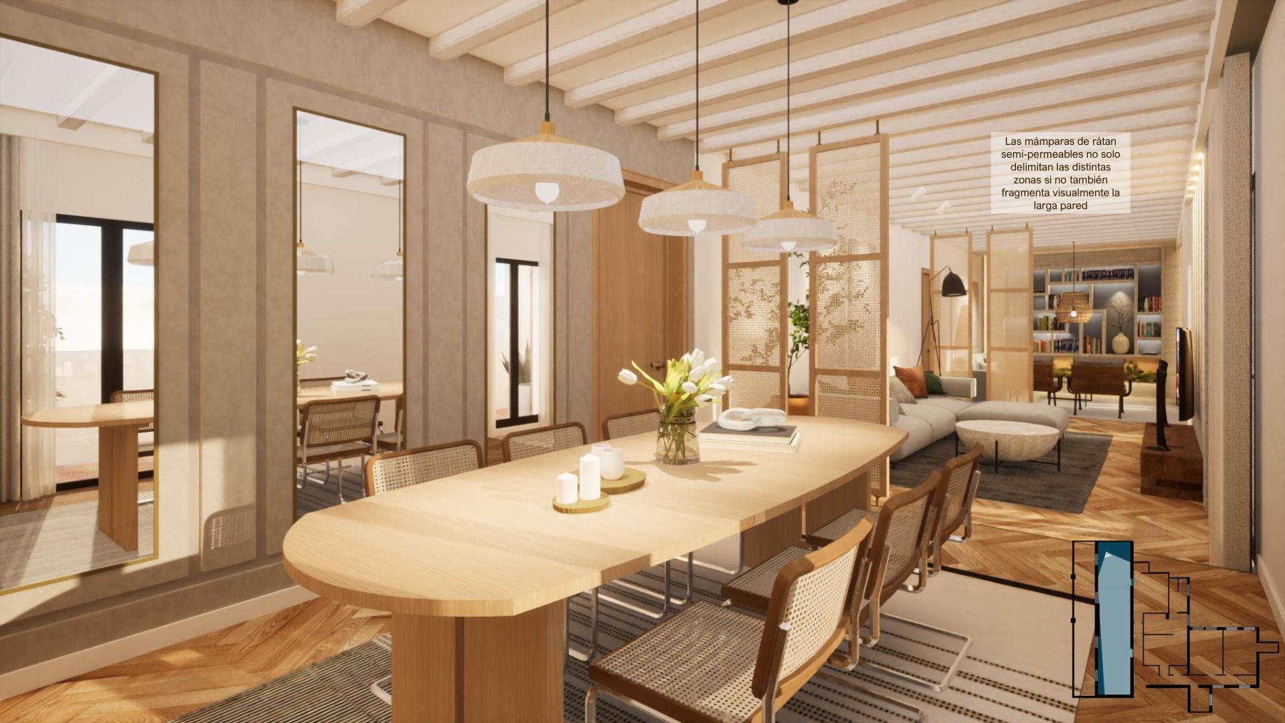 Render del comedor de Ileana Liberia con mamparas de ratán, mobiliario de madera y una planta que sitúa la vista dentro de la vivienda.