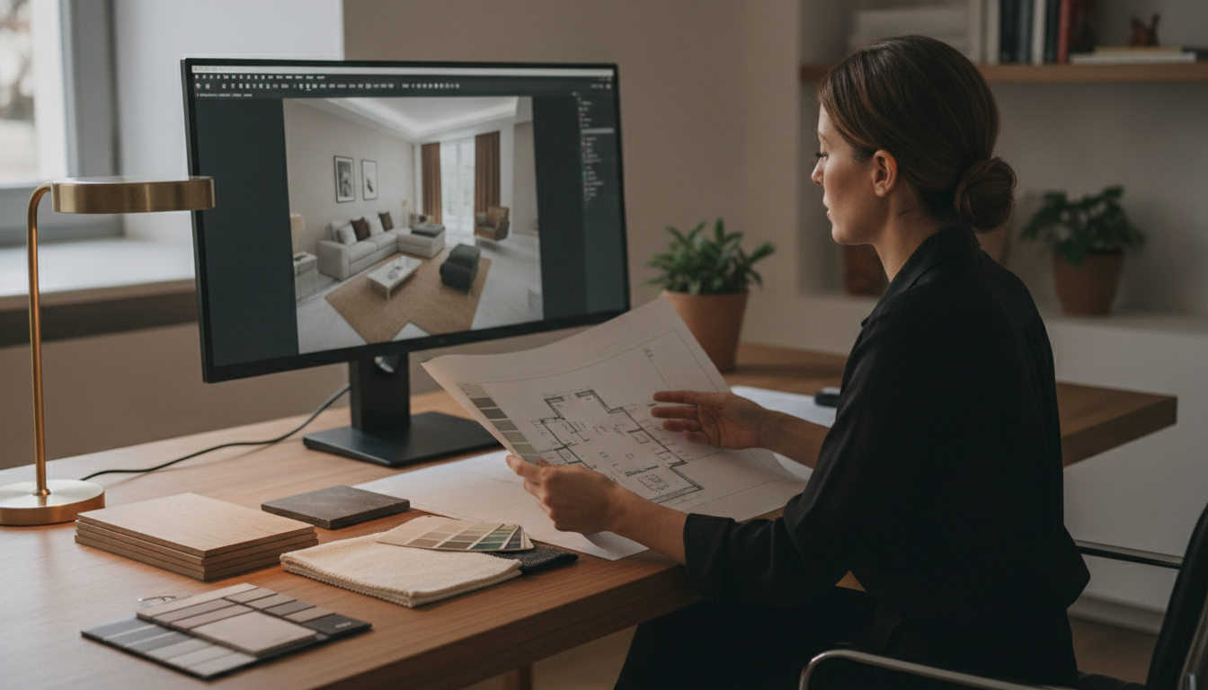Interiorista trabajando con un modelo 3D, planos y muestras de acabados