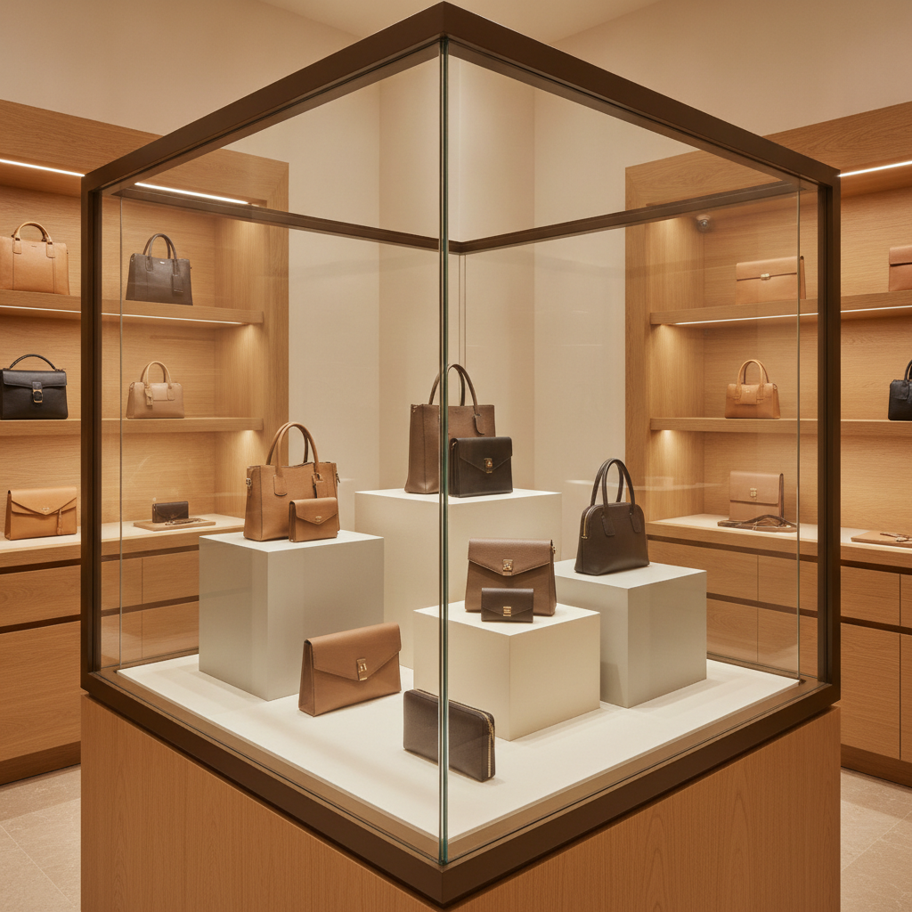 Vitrina de vidrio con bolsos sobre soportes claros en una tienda de accesorios